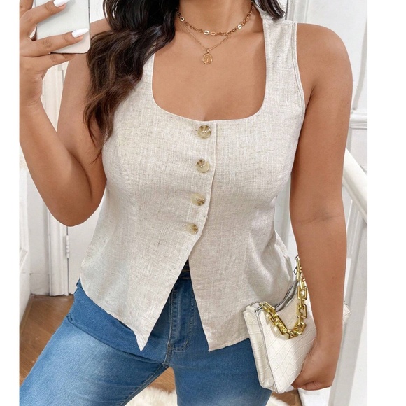 Plus Linen Button Down Sleeveless Minimalist Tank Top - Picture 8 of 9